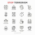 Stop terrorism thin line icons set: terrorist, civil disorder, national army, hostage, bombs, cyber attacks, suicide, bomber, Royalty Free Stock Photo