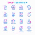 Stop terrorism thin line icons set: terrorist, civil disorder, national army, hostage, bombs, cyber attacks, suicide, bomber, Royalty Free Stock Photo