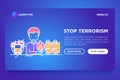 Stop terrorism web page template with thin line icons: terrorist, civil disorder, national army, hostage, suicide, bomber. Vector