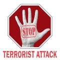 Stop terrorist attack conceptual illustration. Open hand with the text stop terrorist attack