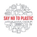 Stop using plastic circle template with flat line icons. Polyethylene pollution awareness vector illustration for poster