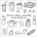 Stop using plastic hand drawn doodle set. Isolated elements on white background. Symbol collection.