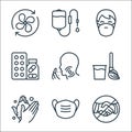 stop virus line icons. linear set. quality vector line set such as handshake, medical mask, wash, broom, head, drugs, mask,