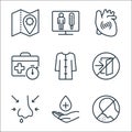 stop virus line icons. linear set. quality vector line set such as sneeze, hand, runny nose, exit, bathrobe, suitcase, pain,