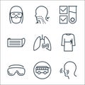 Stop virus line icons. linear set. quality vector line set such as sneeze, bus, glasses, robe, lungs, mask, test tube, breathing