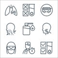 Stop virus line icons. linear set. quality vector line set such as test tube, doctor, face protection, sore throat, sanitizer,