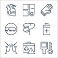 Stop virus line icons. linear set. quality vector line set such as thermal, suitcase, lungs, bottle, liver, railway, rubber gloves