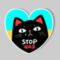 Stop war banner, poster, flyer, card, badge or sticker print design with grumpy black cat. Vector EPS10