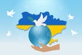 Stop war, pray for Ukraine concept. Hand holding globe with Ukraine map and flying pigeon, symbol of peace and freedom. Royalty Free Stock Photo