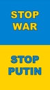 stop war and putin in ukraine text with Ukraine flag. International protest. political relationship