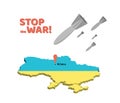 Stop the war. Shell, bomb or bombshell is flying to Ukraine. Flat, vector