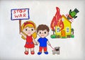 Stop War painting with children and burning house and bomb on album paper