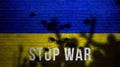 Stop the war in Ukraine background. Silhouettes of people against Ukrainian flag, cracked and damaged brick wall image