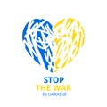 Stop the war in Ukraine inscription, Patriotic Ukraine heart flag shape vector icon. Ukrainian country symbols in blue