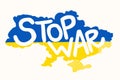 Stop war Ukraine Russia war vector icon. Ukraine country border with Stop war lettering in blue and yellow Ukrainian national