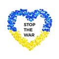 Stop The War in Ukraine template. Stop war and military aggression. Blue and yellow Ukraine flag in heart silhouette Royalty Free Stock Photo