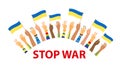 Stop War Ukraine. World peace. Hand hold flag of ukraine, peace sign. Vector illustration