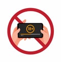 Stop watch porn campaign sign icon, mature video warning symbol with hand and smartphone cartoon flat illustration vector Royalty Free Stock Photo