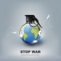 Stop world war concept advertisement, no war in form of hand grenade bomb and flying dove, vector illustration