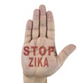 Stop ZIKA words written on male`s hand. Isolated on white background