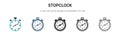 Stopclock icon in filled, thin line, outline and stroke style. Vector illustration of two colored and black stopclock vector icons Royalty Free Stock Photo