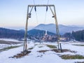 Stopped ski lift because of poor snowfall in germany skiing slope resort equipment with mountain view Royalty Free Stock Photo