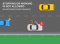 Stopping or parking is not allowed on motorway and highways. Driver gets out of a white car on the street. Top view.