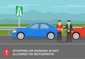 Stopping or parking a vehicle on an expressway is not allowed. Two stopped male drivers on a highway talking each other.