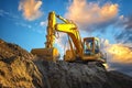 A stopping yellow excavator at an incredibly sunset