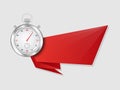 Stopwatch with banner. Red ribbon template with clock symbol for creative advertising.