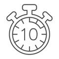 Stopwatch with buttons, 10 seconds, timer, chronometer thin line icon, time concept, clock vector sign on white