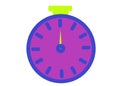 A stopwatch with dark indigo blue rim dark pink violet face and luminous green button and needle white backdrop