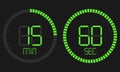 Stopwatch digital countdown timer with minutes and seconds vector display. The digital timer, electronic stopwatch with a gradient