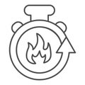 Stopwatch in fire thin line icon. Firefighting time is running out outline style pictogram on white background. Timer