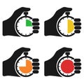 Stopwatch in hand, icon set black isolated on white background. Vector illustration flat design. Sport timer on competitions. Royalty Free Stock Photo