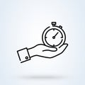 Stopwatch in hand linear style. Sport timer on competitions line icon. vector Illustration Trainer holding stopwatch Royalty Free Stock Photo