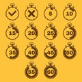 The stopwatch icon, set of 14 icons. Clock and watch, timer, countdown, stopwatch symbol. UI. Web. Logo. Sign. Flat Royalty Free Stock Photo