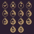 The stopwatch icon, set of 14 icons. Clock and watch, timer, countdown, stopwatch symbol. UI. Web. Logo. Sign. Flat Royalty Free Stock Photo
