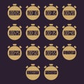 The stopwatch icon, set of 14 icons. Clock and watch, timer, countdown, stopwatch symbol. UI. Web. Logo. Sign. Flat Royalty Free Stock Photo