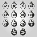 The stopwatch icon, set of 14 icons. Clock and watch, timer, countdown symbol. UI. Web. Logo. Sign. Flat design. App. Royalty Free Stock Photo