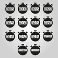 The stopwatch icon, set of 14 icons. Clock and watch, timer, countdown symbol. UI. Web. Logo. Sign. Flat design. App. Royalty Free Stock Photo