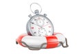 Stopwatch inside lifebuoy, save time concept. 3D rendering