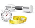 Stopwatch, measuring tape and dumbbells