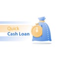 Stopwatch and money bag, fast loan, payment installment, time clock, easy finance solution, quick credit, invest fund