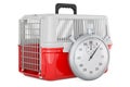 Stopwatch with pet travel plastic cage, 3D rendering Royalty Free Stock Photo