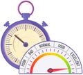 Stopwatch and quality scale with arrow from red to green. Measuring device tachometer, speedometer