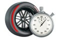 Stopwatch with racing wheel red soft, compound type tyre. 3D rendering