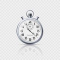 Stopwatch in realistic style with reflection isolated on transparent background. Classic metal stopwatch. Vector