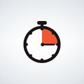 Stopwatch or timer icon, 15 seconds. Chronometer, deadline time interval sign. Time measurement Stock vector