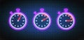 Stopwatch, timers with 5, 10 and 15 minutes in neon style. Vector illustration